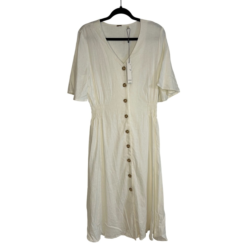 T Tahari White Linen Blend Button Front Smocked Midi Dress Size 12 New with tags